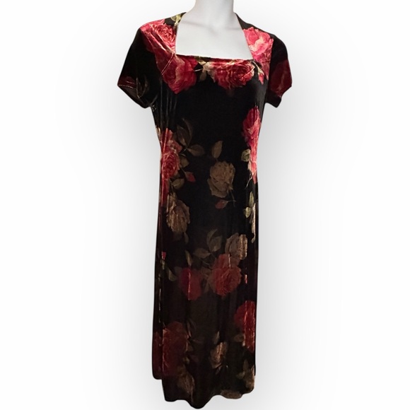 Sheri Martin Black‎ Velvet Whimsigoth dress sparkly Red & Gold Floral Accents - Picture 2 of 11
